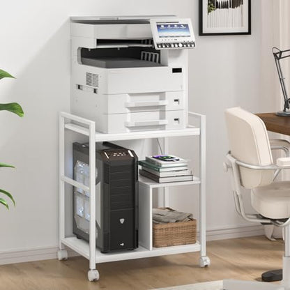 Lerliuo 24" Wide Large Printer Stand with Storage, White | Printer Table for Home Office with Charging Station, 3 Tier Industrial Mobile Printer Cart with Lockable Wheels - color: White