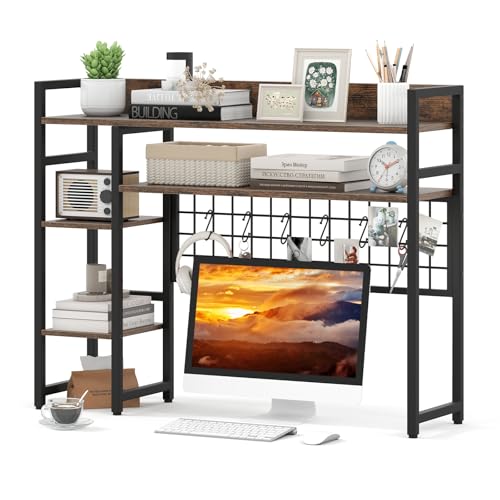 Tangkula Desktop Bookshelf for Computer Monitor Up to 32”, Countertop Storage Hutch with 4 Open Shelves, Grid Panel, 6 Hooks, Anti-tip Device, 4-Tier Desktop Shelves for Home Office Dorm, Rustic Brown - color: Rustic Brown, size: 37" x 10" x 29"