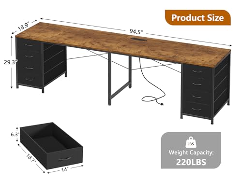 95" 2 Person Desk with 8 Fabric Drawers for Home Office, Living Room - color: Rustic Brown, size: 18.9"D x 94.5"W x 29.3"H