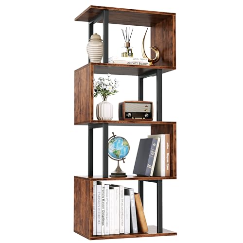 Furologee 5 Tier Bookshelf, S Shaped Geometric Bookcase, Rustic Brown - color: Rustic Brown, size: 5 Tier