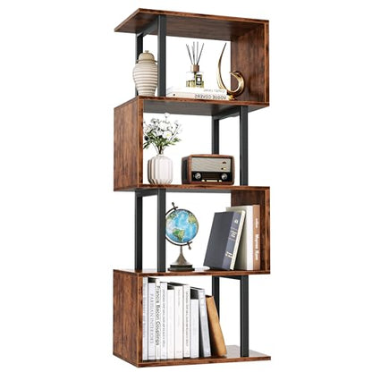 Furologee 5 Tier Bookshelf, S Shaped Geometric Bookcase, Rustic Brown - color: Rustic Brown, size: 5 Tier