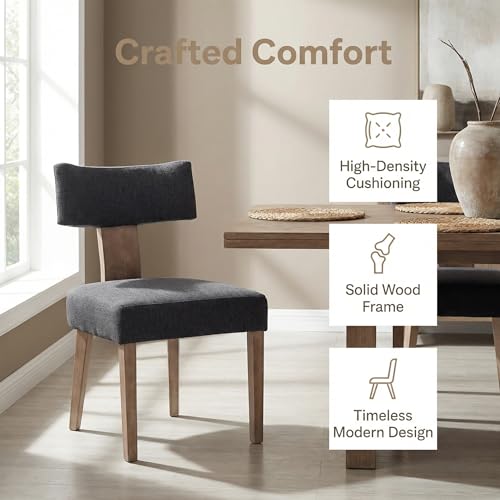 HNY Mid Century Modern Dining Chairs, Linen Fabric Upholstered and Curved Backrest Kitchen Chairs Set of 2, with Hardwood Frame, Charcoal - color: Charcoal Curved