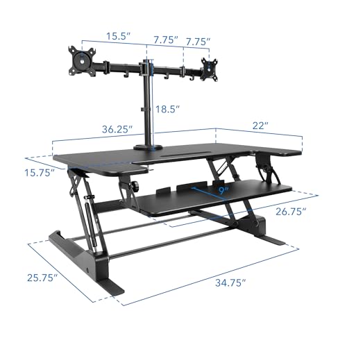 Mount-It! Standing Desk Converter Dual Monitor, 2 Screen Mounts Included, Height Adjustable Desk Riser in Black, Stand Up Desk Convertor Large 36" Wide, Sit Stand Convertor with Manual Lift Gas Spring