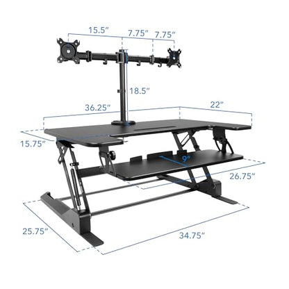 Mount-It! Standing Desk Converter Dual Monitor, 2 Screen Mounts Included, Height Adjustable Desk Riser in Black, Stand Up Desk Convertor Large 36" Wide, Sit Stand Convertor with Manual Lift Gas Spring