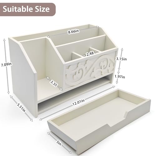 White Wooden Mail Organizer with Drawer, Three Tiered Desk Accessories for Office Organization and Storage, Stylish Countertop Document Storage, Home/Office/Classroom Supplies (White01) - style: White01