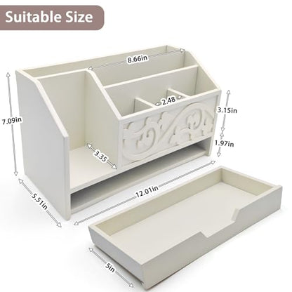 White Wooden Mail Organizer with Drawer, Three Tiered Desk Accessories for Office Organization and Storage, Stylish Countertop Document Storage, Home/Office/Classroom Supplies (White01) - style: White01