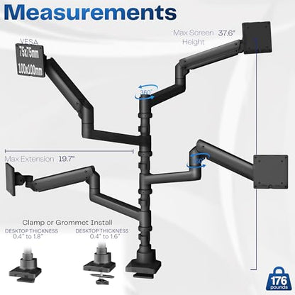 VIVO Pneumatic Arm Quad Ultrawide Monitor Extra Tall Desk Mount for Up to 49 inch Screens Individual Arm Capacity, Max 38 inch Screens for 4 Ultra Wides Up to 44 lbs, Black, STAND-V400D - size: Quad Mount, style: Desk Mount