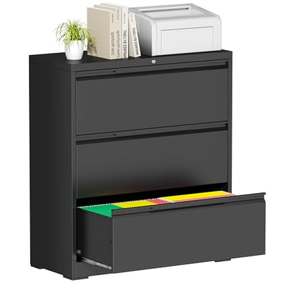 Bestoo 3 Drawer File Cabinet, Metal Lateral Filing Cabinet with Lock - color: Black, size: 3 Drawer 15.7"D x 35.4"W x 40"H