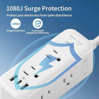 Gaston Surge Protector Power Strip - 10 Ft Plug Extension Cord, 4 Widely Outlets, 3 USB Ports(1 USB C), 2 Side Outlet Extender for Home Office, White, ETL