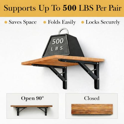 Balin Designs Folding Shelf Brackets 20 Inch Heavy Duty, Set of 2, 500 lbs, Collapsible Bracket with Locking Hinge for Fold Down Table, Wall Mounted Desk, Workbench, Laundry Room – Space Saving