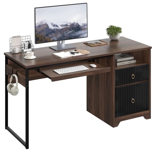 Bestier 55 Inch Wood Computer Desk with File Drawer & Keyboard Tray, Cherry | Fluted Panels, Ring Handles, File Drawer Letter/Legal, Storage Drawer, Keyboard Tray, Reversible, 2 Hooks, 150 Lbs, P2 Board - color: Cherry, size: 55 Inch