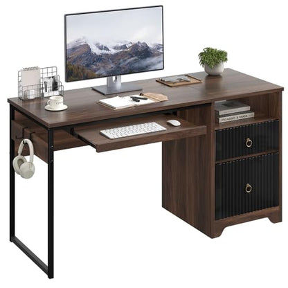 Bestier 55 Inch Wood Computer Desk with File Drawer & Keyboard Tray, Cherry | Fluted Panels, Ring Handles, File Drawer Letter/Legal, Storage Drawer, Keyboard Tray, Reversible, 2 Hooks, 150 Lbs, P2 Board - color: Cherry, size: 55 Inch