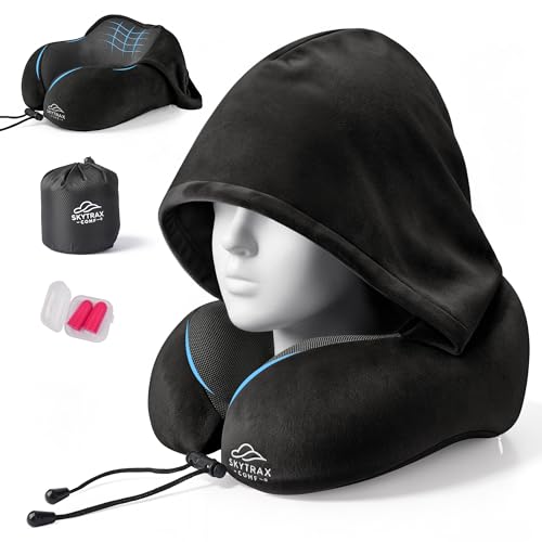 SkytraxComf® Travel Neck Pillow with Hood for Privacy on Long Flights | Memory Foam | Airplane Sleep | Safety-Tested Materials | Extra Large Hood | Chin Support | Earplugs | Washable Cover - color: Black