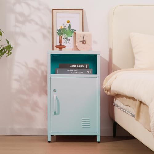 ALBAD Metal Nightstand with Lockable Cabinet | Industrial Bedside Table with Open Shelf, Small Storage Locker Side Table for Bedroom, Living Room, Office, Light Green - color: Light Green, size: 26"H-Lockable Door