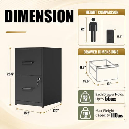 2 Drawer File Cabinet with Lock, 25.6" H Small File Cabinet - color: Black, size: 25.6"H - 2 Drawer
