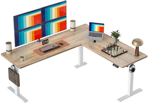 TIQLAB 75 x 61 inch Executive L Shaped Standing Desk Adjustable Height, Electric Corner Standing Desk, Sit Stand Computer Table with Splice Board, Maple - color: Maple, size: 75*61 inch with splice board