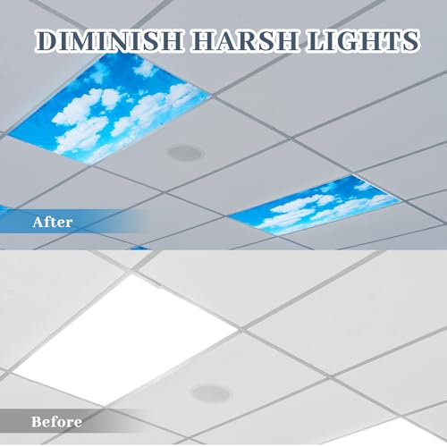Patelai 4x2 Feet Light Covers for Classroom, Magnetic,Blue Sky | Sky Cloud Print for Office Decor, Drop Ceiling Compatible, 10 Magnets Included, Filters Harsh Fluorescent Lighting - style: Blue Sky