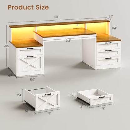 SEDETA 63" Farmhouse Office Desk with 5 Drawers, White and Brown | Executive Computer Desk with LED Lights & Monitor Stand, Wood Home Office Desk with 2 Printer Stand & Power Outlet - color: White and Brown, size: Executive Office Desk(63")