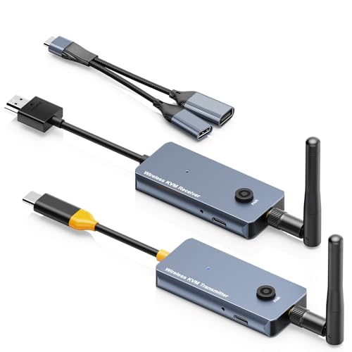 650Ft/200M Wireless USB-C to HDMI KVM Transmitter and Receiver Kit 1080P@60Hz Wireless KVM Long-Range USB Extender Support Screen Streaming & Keyboard/Mouse Signal Extension, PD100W Fast Charging - color: Silver