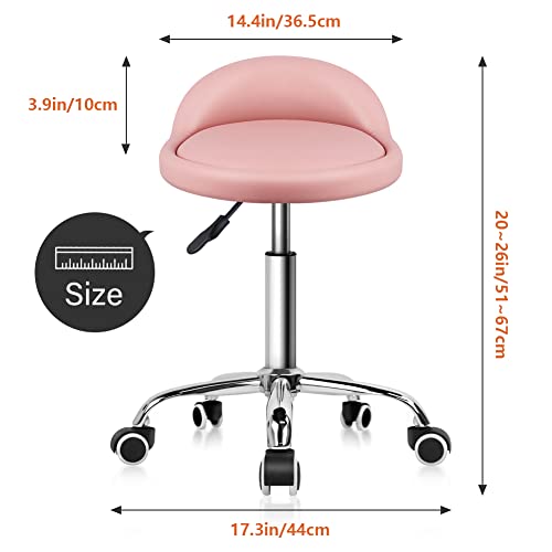 KKTONER PU Leather Round Rolling Stool with Back Rest Height Adjustable Swivel Drafting Work SPA Task Chair with Wheels Pink - color: Pink