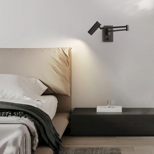 LED Swing Arm Wall Sconce with Dimmer Switch Modern Adjustable Wall Mounted Reading Lamp Black Metal Directional Task Light for Bedroom Bedside Living Room Hallway Office Dorm Art Display