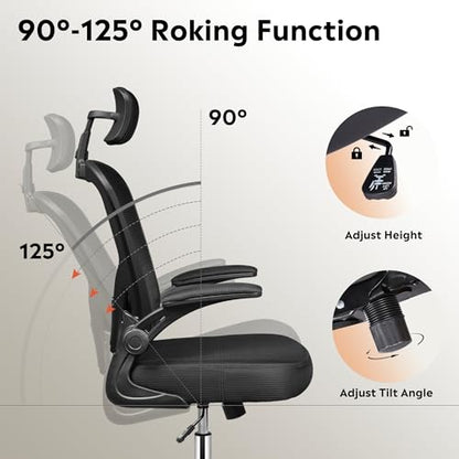 DEVAISE Office Chair High Back Mesh Ergonomic Desk Chair with Flip-up Armrests, Adjustable Headrest and Lumbar Support, Black