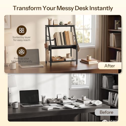 HOOBRO Desktop Bookshelf, 3-Tier Desk Organizer Shelf, Small Office Shelves - color: Black