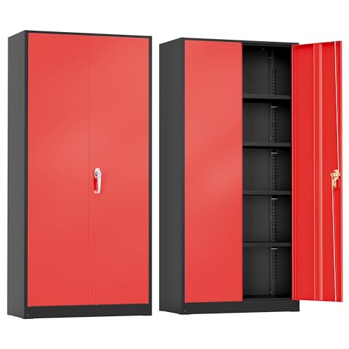 Greenvelly Metal Storage Cabinet with Doors and Shelves, 72" Inch Locking Metal Cabinet,Garage Storage Cabinet for Garage Office School Warehouse (Black Red) - color: Black Red, size: 72 Inch - Large