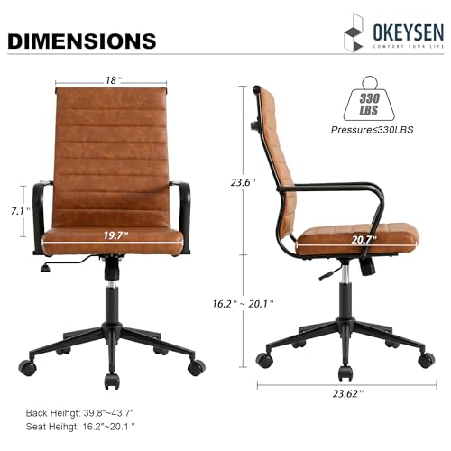 Okeysen Leather Office Desk Chair, Mid-Century Modern Leather Conference Room Chairs, Ergonomic Executive Ribbed Height Adjustable Swivel Rolling Chair for Home Office. - color: Brown