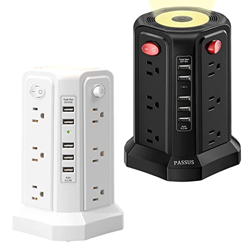 Surge Protector Power Strip Tower with 5 USB Ports and Night Light, 10FT Extension Cord with 12 AC Multiple Outlets, PASSUS Power Tower, Overload Protection for Home Office Dorm Room (2PC-White+Black) - color: White+Black-2PC