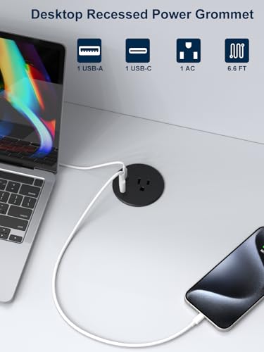 2.5 Inch Desk Power Grommet, 20W USB C 1 AC Outlets for Home&Office | 2.5''(60mm) Desk Hole,Flush Mount Outet, 2 USB Ports,6.6 ft Extension Cord,Black