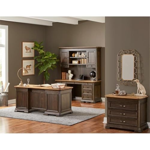 Pemberly Row Executive Desk, 60”W x 28”D x 30”H, Solid Wood Plank Top, Brown Finish, Double Pedestal Design, Dropfront Keyboard Drawer, Locking File Drawers, Antique Bronze Hardware, Home Office Desk