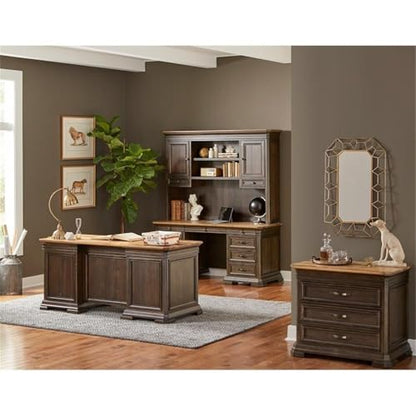 Pemberly Row Executive Desk, 60”W x 28”D x 30”H, Solid Wood Plank Top, Brown Finish, Double Pedestal Design, Dropfront Keyboard Drawer, Locking File Drawers, Antique Bronze Hardware, Home Office Desk