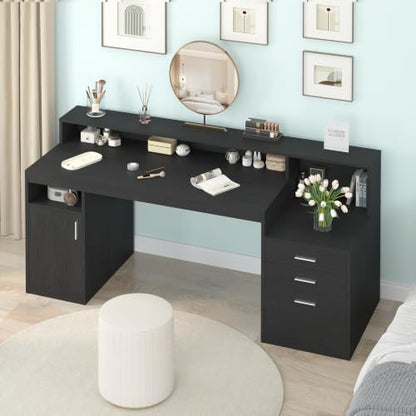 65" Black Computer Desk with 3 Drawers & Printer Shelf for Home Office | Computer Desk with Printer Shelf & File Drawer, Executive Desk Writing Study Table with Monitor Stand, Black - color: Black