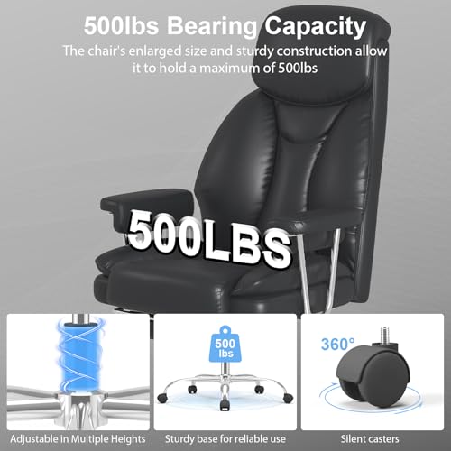 Big and Tall Office Chair, Executive Home Office Desk Chair, Comfy Leather High-Back Reclining Computer Chair with Retractable Footrest and Padded Arms, 360°Swivel Rolling Wheels, Wide Seat, Black - color: Black