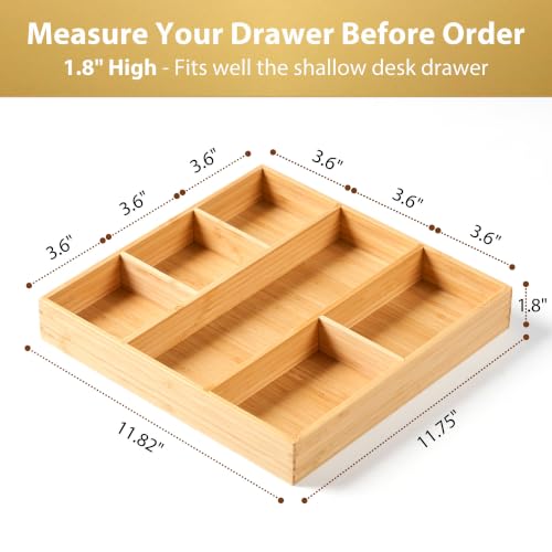 Umilife Bamboo Desk Drawer Organizer, Wood Office Junk Tray, 12"x12" | 1.8" Tall for Shallow Drawer - Adjustable dividers - Anti Slip Silicone Pads - Versatile Storage Box in Kitchen, Pantry - size: 12"x12"