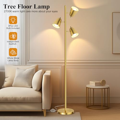 QiMH Tree Floor Lamp with 3 Light Bulbs, Standing Tall Pole Lamps for Living Room Bedroom Office, Reading Stand up Lamps with 3 Adjustable Arms, Brushed Gold - color: Brushed Gold