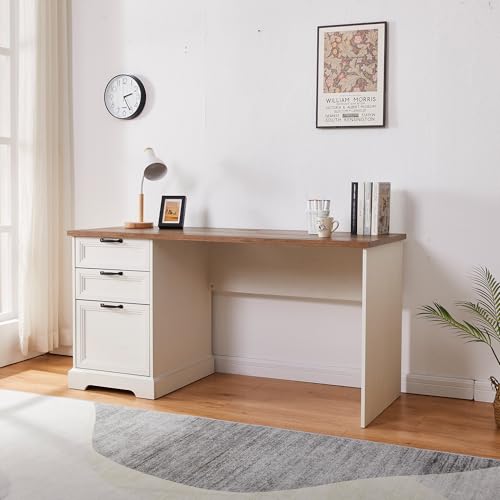 60" Farmhouse Executive Desk with Charging Station,Home Office Desk with 2 Drawers &1 File Cabinet,Wood Work Desk for Office and Home - color: White