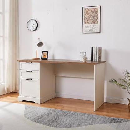 60" Farmhouse Executive Desk with Charging Station,Home Office Desk with 2 Drawers &1 File Cabinet,Wood Work Desk for Office and Home - color: White