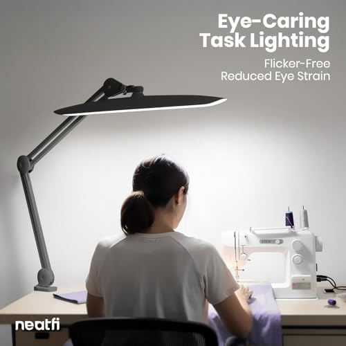 Neatfi XL 2200 Lumens 24W LED Desk Lamp – Shadow-Free Task Lighting | 4-Level Dimming | Home Office & Crafts Use | 20-Inch Wide Head (Space Gray, Non-CCT with Clamp) - color: Space Gray, size: Non-CCT with Clamp