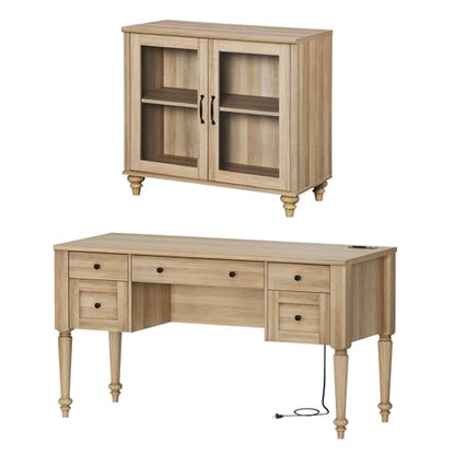 WAMPAT Home Office Furniture Set, 56'' Executive Desk with Charging Station, Farmhouse Cabinet with Glass Doors, Wood Computer Desk with File Cabinet, Open Shelf, Oak - color: Oak