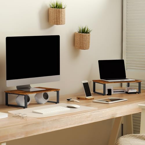 Wood Monitor Stand Riser, 2 Pack Desktop Laptop Riser for Dual Monitors & Printer, Engineered Wood Ergonomic Desktop Riser for Office PC Laptop, Rustic Brown