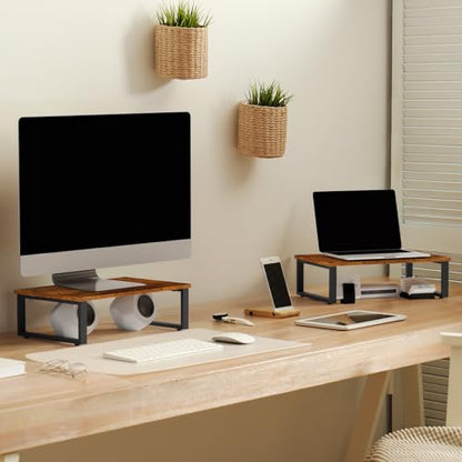 Wood Monitor Stand Riser, 2 Pack Desktop Laptop Riser for Dual Monitors & Printer, Engineered Wood Ergonomic Desktop Riser for Office PC Laptop, Rustic Brown