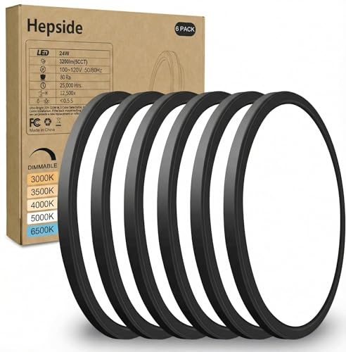 hepside 6Pack 12Inch LED Flush Mount Ceiling Light, Super Slim 24W LED Ceiling Light, Dimmable&3000K/3500K/4000K/5000K/6500K Adjustable Flat Ceiling Light Fixture for Bedroom,Living Room,Kitchen-Black - color: Black, size: 12Inch-6pack