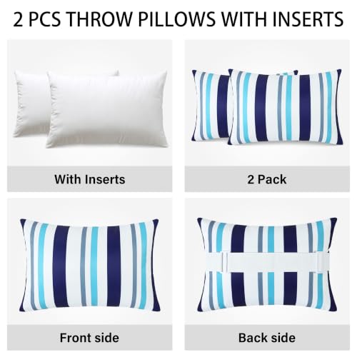 2 Pcs Outdoor Headrest Pillow for Patio Chaise Lounge 11"x16" | Navy Blue Striped Waterproof Pillows with Insert Adjustable Elastic Strap, Chair Head Resting Pillow for Recliner Beach Pool - color: Navy Blue Striped