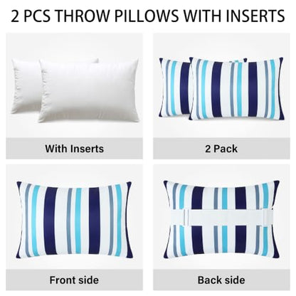 2 Pcs Outdoor Headrest Pillow for Patio Chaise Lounge 11"x16" | Navy Blue Striped Waterproof Pillows with Insert Adjustable Elastic Strap, Chair Head Resting Pillow for Recliner Beach Pool - color: Navy Blue Striped