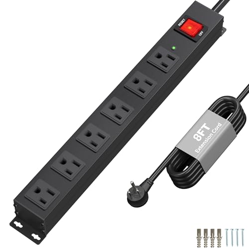 KF 6 Outlets Heavy Duty Power Strip with 2100J Surge Protection and 15A Circuit Breker,6 Wide-Spaced Outlets in Metal Housing,Wall Mount with 8FT Extension Cord for Organized Home,Office,Garage - color: Black(6 outlet), size: 8FT