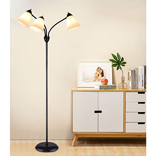 DINGLILIGHTING DLLT Modern Reading Floor Lamp, 3-Light with Adjustable Flexible Gooseneck Tree Standing Lamp for Living Room, Bedroom, Study Room, Office -Black Metal White Shades, E26 Base