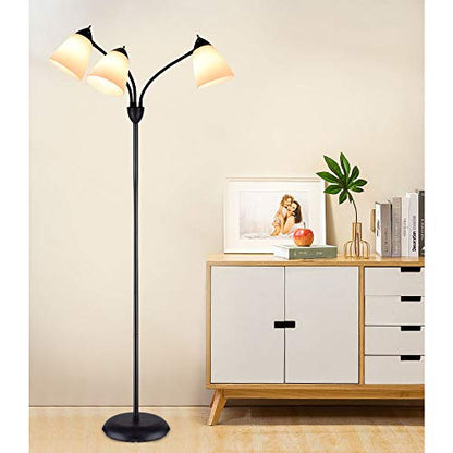 DINGLILIGHTING DLLT Modern Reading Floor Lamp, 3-Light with Adjustable Flexible Gooseneck Tree Standing Lamp for Living Room, Bedroom, Study Room, Office -Black Metal White Shades, E26 Base