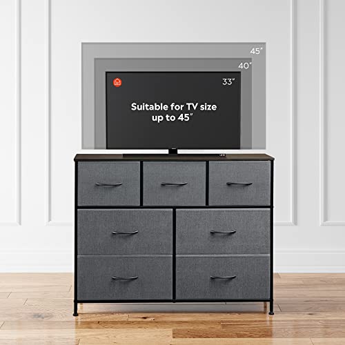 WLIVE 7 Drawer Dresser TV Stand, Entertainment Center, Media Console Table with Metal Frame and Wood Top for TV up to 45 inch, Chest of Drawers for Bedroom, Living Room, Dark Grey - color: Dark Grey